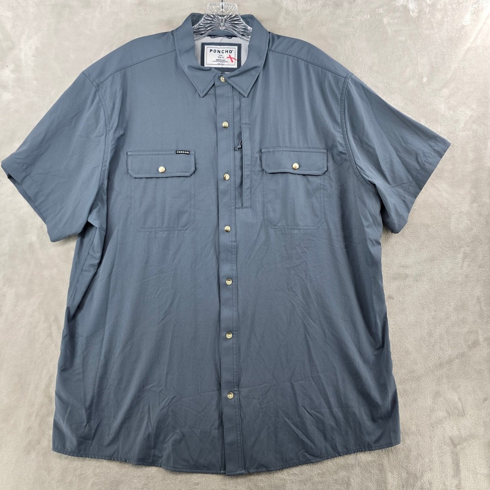 Poncho Shirt Mens XXL Blue Slim Fit Magnetic Pockets Short Sleeve Button Up